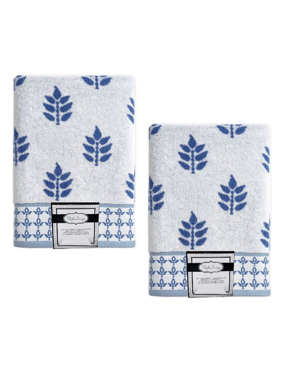 2 brand new Style Lounge 100% Cotton 27x54" Bath Towels with BLUE LEAF pattern